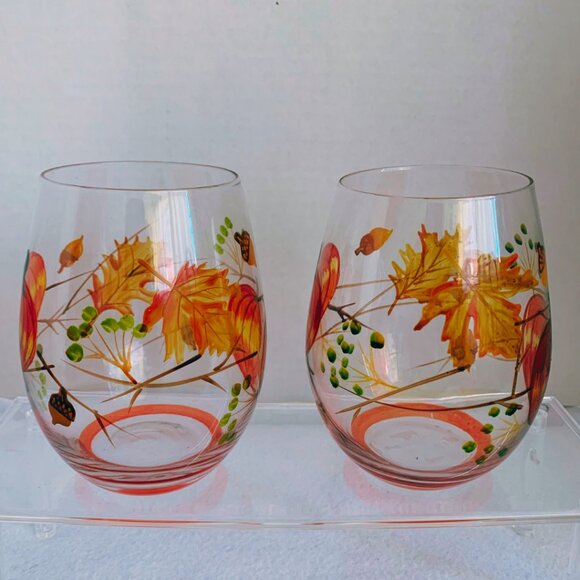 Orange Pumpkins with Leaves Stemless Wine Glasses | Harvest | Fall Thanksgiving - Picture 4 of 6
